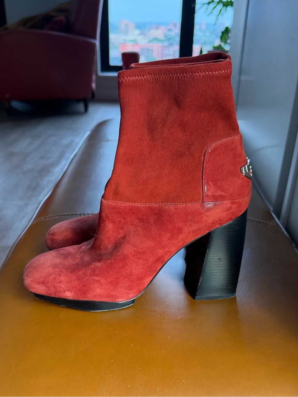 Tory Burch Red Suede Block Heel Ankle Boots with Logo Heel Accent